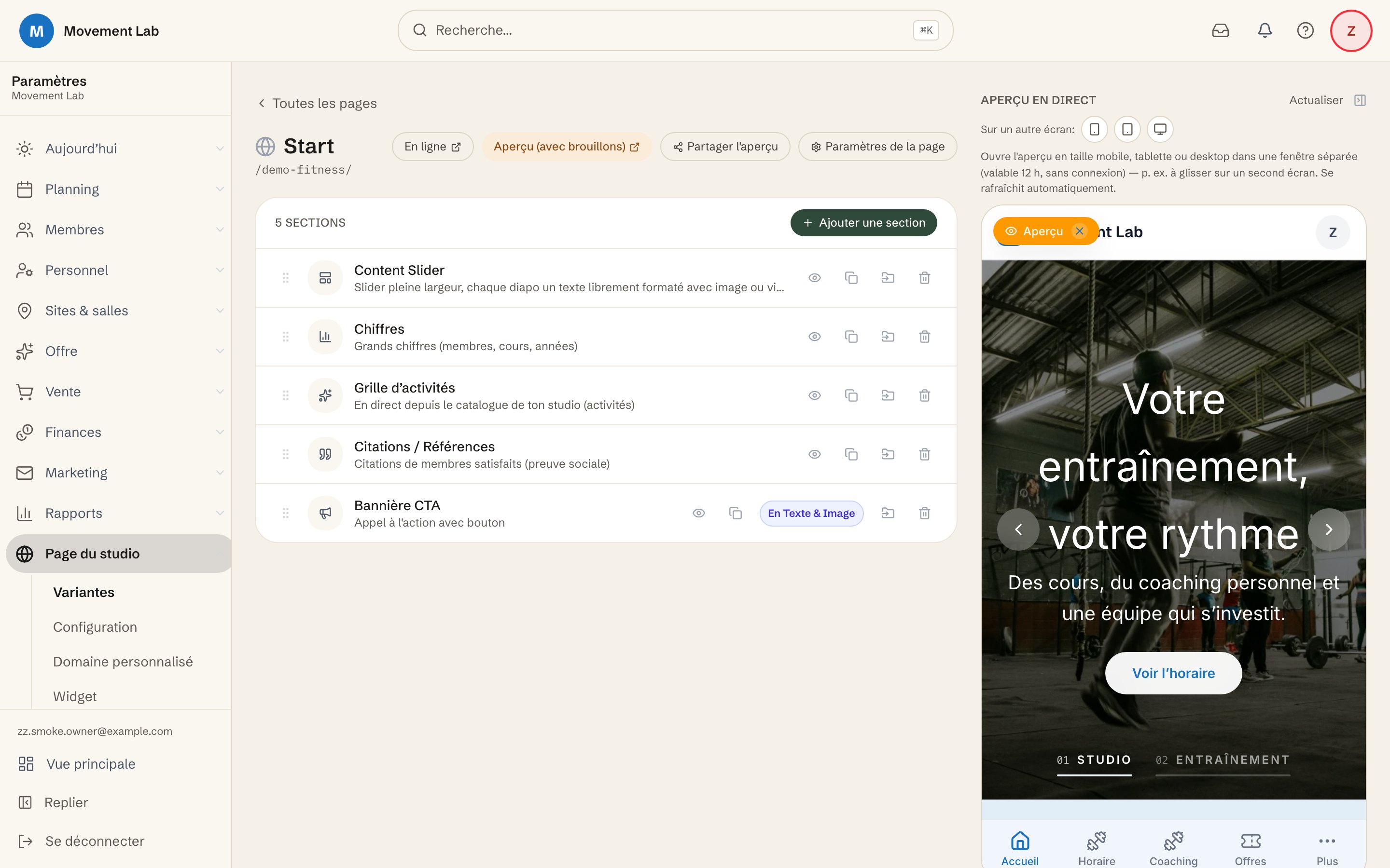 L’éditeur de pages d’avoo : à gauche les blocs de la page d’accueil, à droite un aperçu en direct du site du studio.